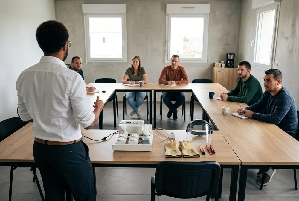 Session d'habilitation électrique en salle, matériel pédagogique et EPI sur la table