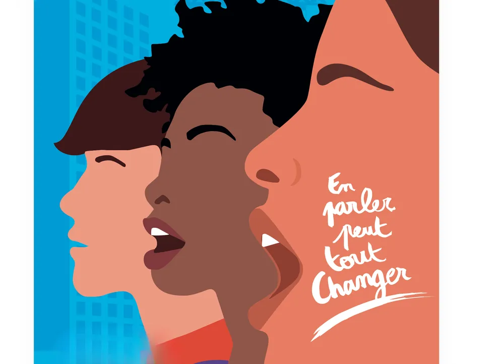 Illustration — trois visages de profil, « En parler peut tout changer »