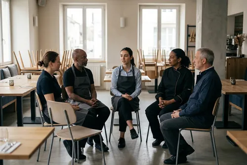 L'équipe d'un restaurant réunie en cercle dans la salle avant le service, moment d'échange collectif apaisé